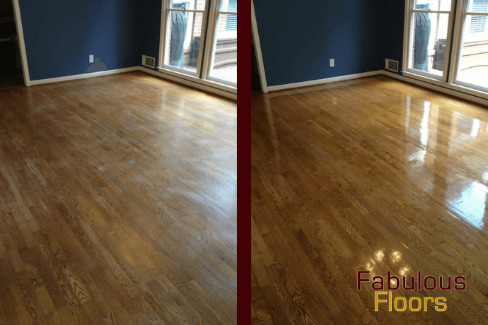 A before and after shot of a hardwood floor refinishing in Bandera, TX