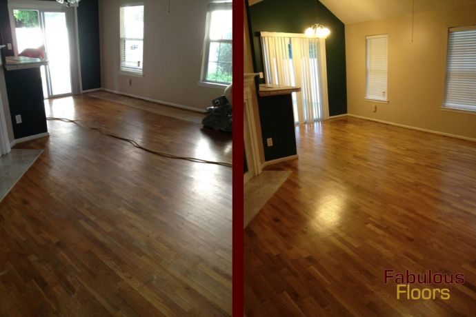 before and after of a hardwood floor refinishing project in elmendorf, tx