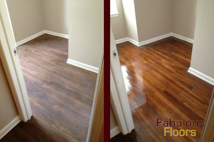 before and after of a Helotes wood floor refinishing