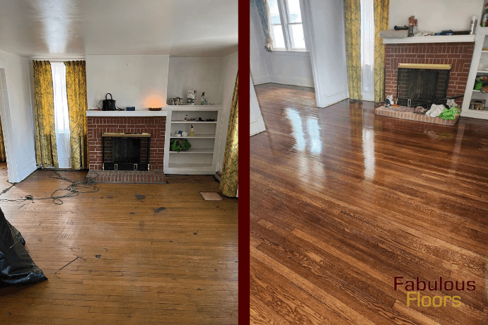before and after a hardwood refinishing job in a selma living room