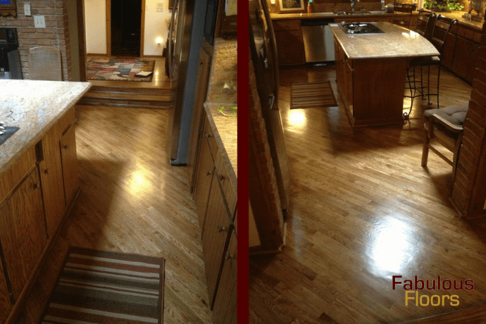 before and after of a hardwood resurfacing job in a st hedwig kitchen